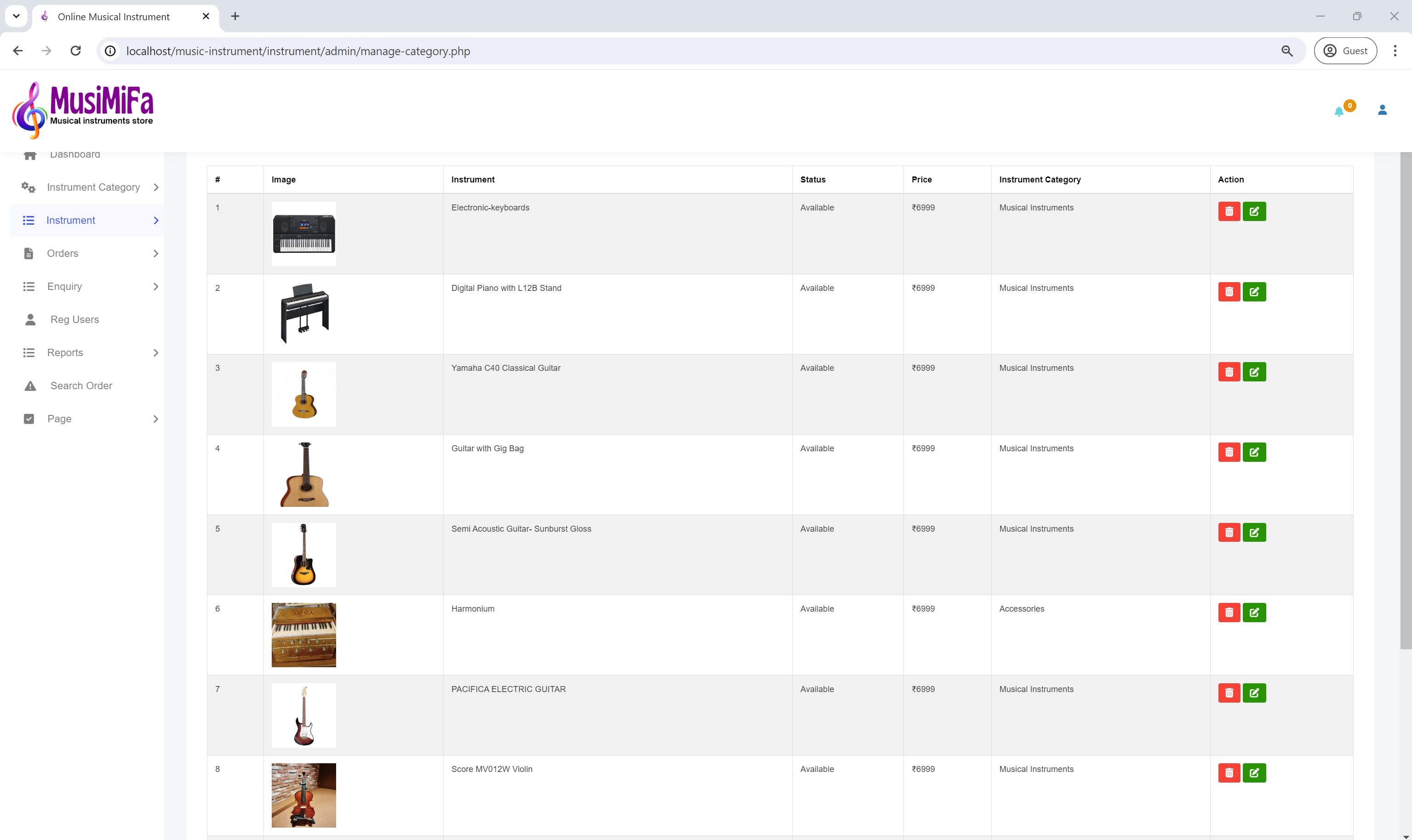 Musical Instrument Shopping Website In PHP